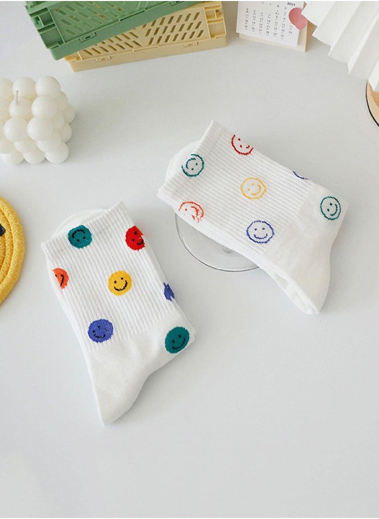 Generic - 2 Pairs Crew Socks Cute Smiling Face Socks  Casual Soft Cotton Socks Cartoon Smiley Face Ankle Socks White - Image 1