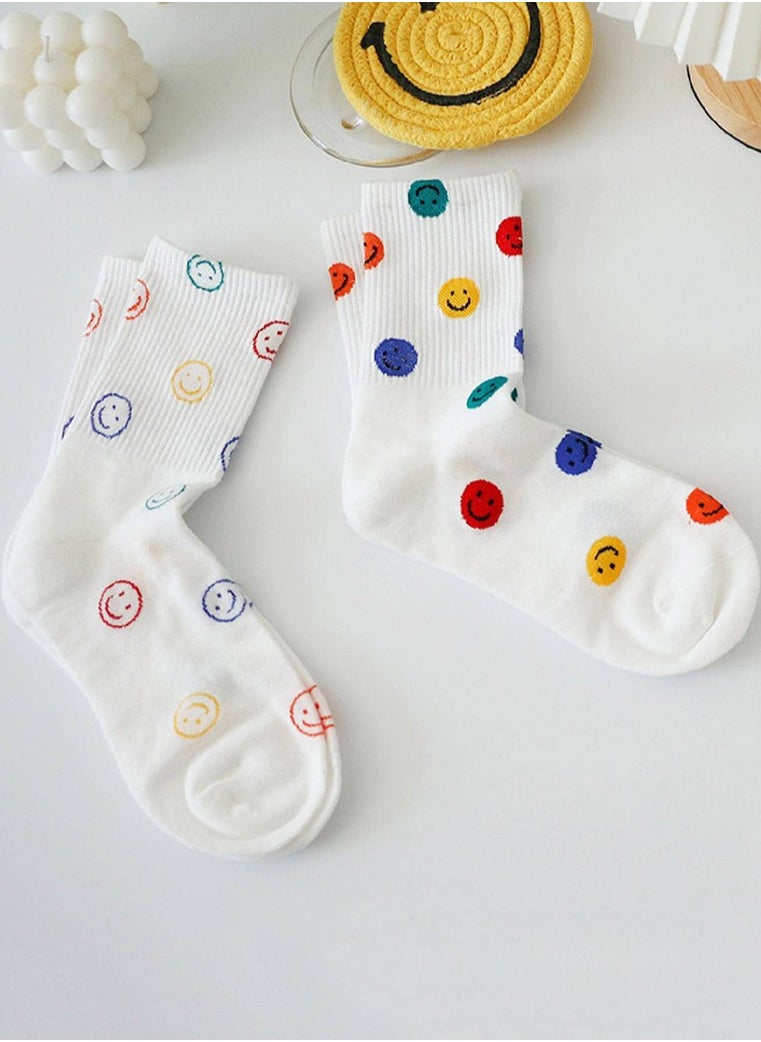 Generic - 2 Pairs Crew Socks Cute Smiling Face Socks  Casual Soft Cotton Socks Cartoon Smiley Face Ankle Socks White - Image 1
