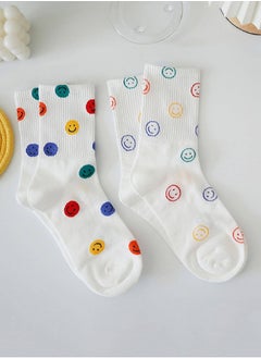 2 Pairs Crew Socks Cute Smiling Face Socks  Casual Soft Cotton Socks Cartoon Smiley Face Ankle Socks White
