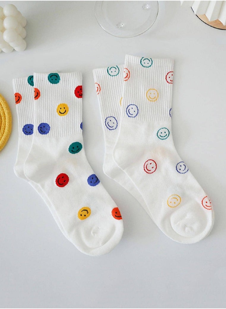 Generic - 2 Pairs Crew Socks Cute Smiling Face Socks  Casual Soft Cotton Socks Cartoon Smiley Face Ankle Socks White - Image 1
