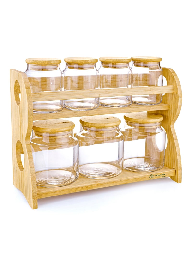 HONEY BEE 8-Piece 2-Tier Spice Rack, Kitchen Organizer, Adjustable Storage, Spice Jars Holder, Durable Design(7 Glass Jars with 1 Bamboo Rack) - Image 1