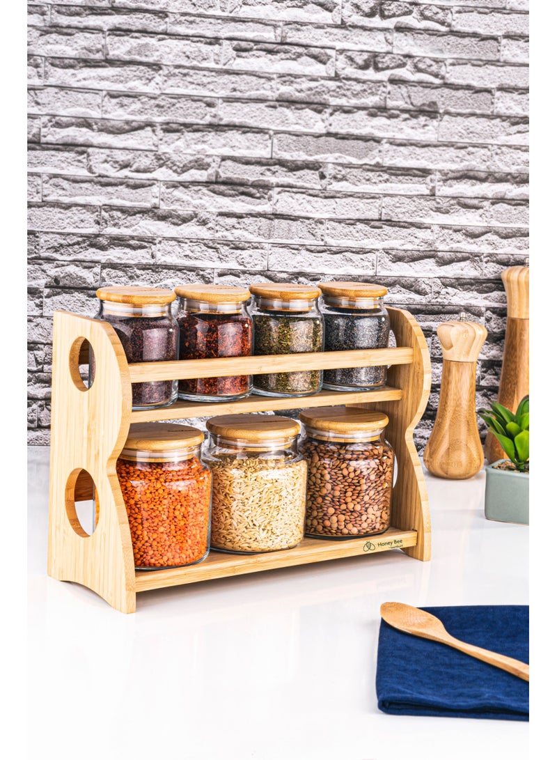 HONEY BEE 8-Piece 2-Tier Spice Rack, Kitchen Organizer, Adjustable Storage, Spice Jars Holder, Durable Design(7 Glass Jars with 1 Bamboo Rack) - Image 2