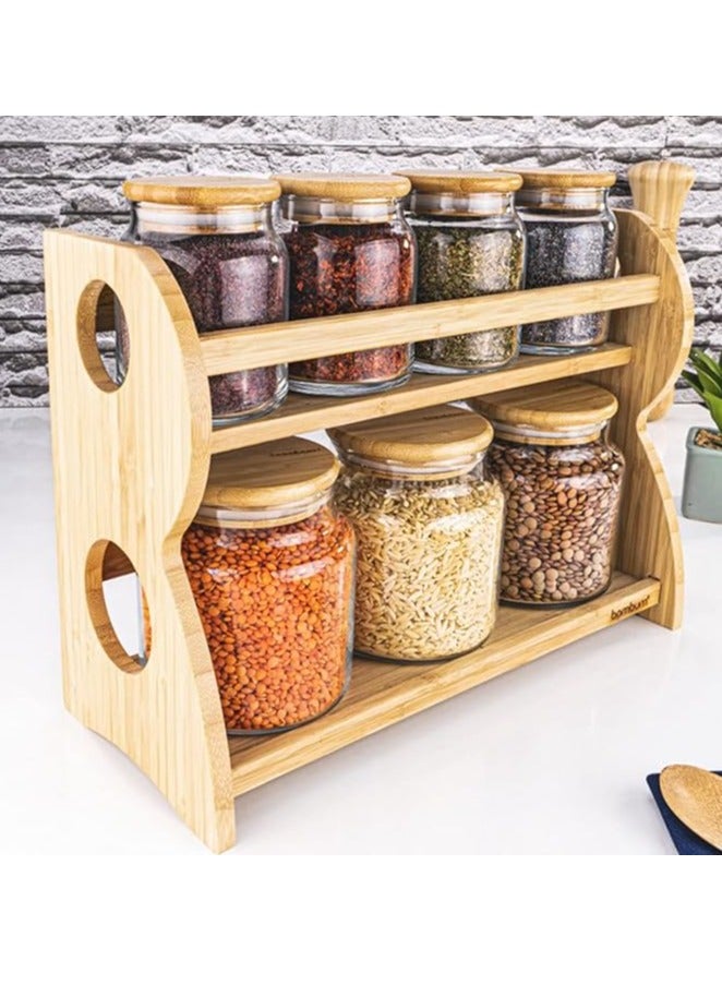 HONEY BEE 8-Piece 2-Tier Spice Rack, Kitchen Organizer, Adjustable Storage, Spice Jars Holder, Durable Design(7 Glass Jars with 1 Bamboo Rack) - Image 3