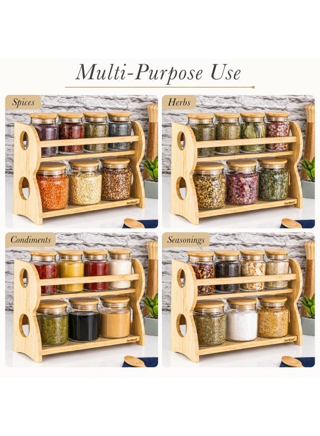 Honey Bee 7 Piece Glass Spice Jar Set with Bamboo Rack, 2 Tier Kitchen Spice Organizer with Airtight Lids, Glass Storage Containers for Herbs, Seasoning, Condiments 32x11.5x23.5cm - Image 4
