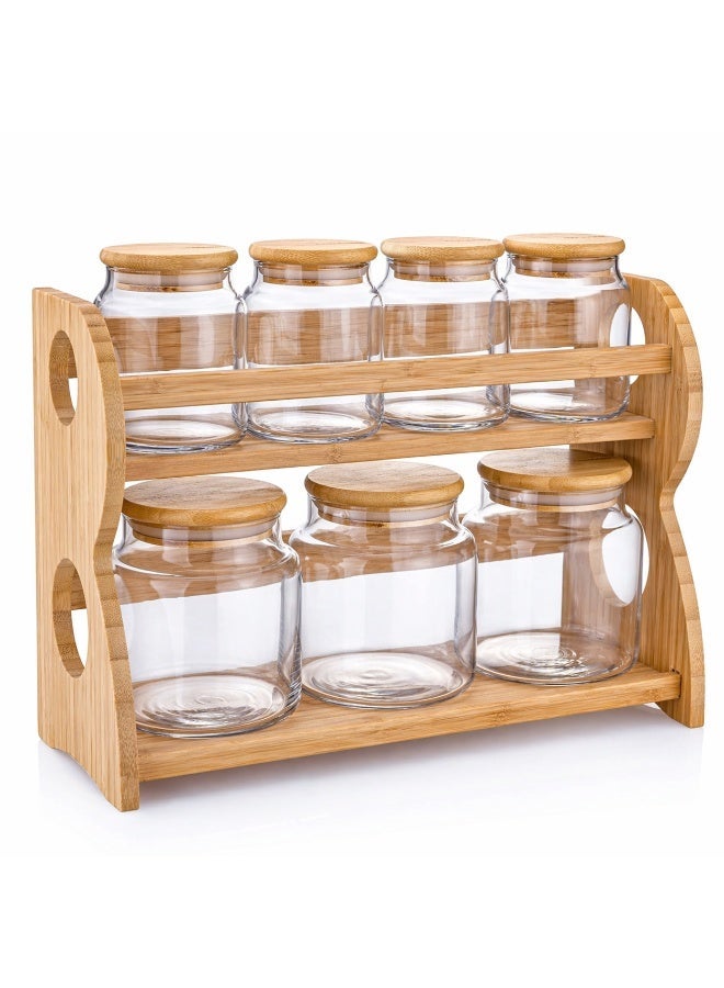 Honey Bee 7 Piece Glass Spice Jar Set with Bamboo Rack, 2 Tier Kitchen Spice Organizer with Airtight Lids, Glass Storage Containers for Herbs, Seasoning, Condiments 32x11.5x23.5cm - Image 1