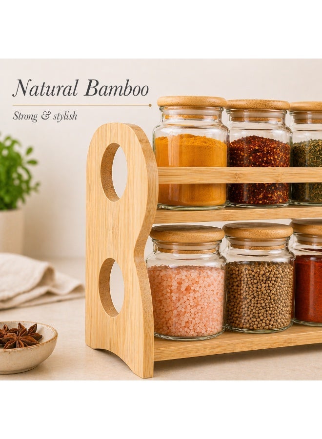Honey Bee 7 Piece Glass Spice Jar Set with Bamboo Rack, 2 Tier Kitchen Spice Organizer with Airtight Lids, Glass Storage Containers for Herbs, Seasoning, Condiments 32x11.5x23.5cm - Image 5