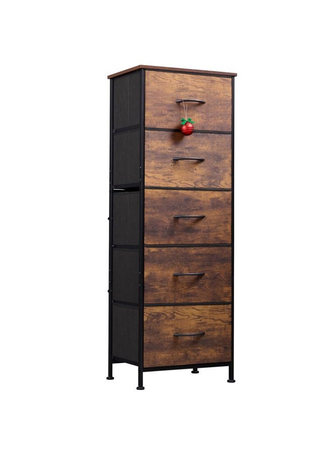Wlive Fabric Dresser for Bedroom, 5-Drawer Tall Dressers, Storage Organizer with Fabric Bins, Wood Top, Sturdy Steel Frame, Chest of Drawers for Closet, Hallway, Rustic Brown Wood Grain Print - Image 1