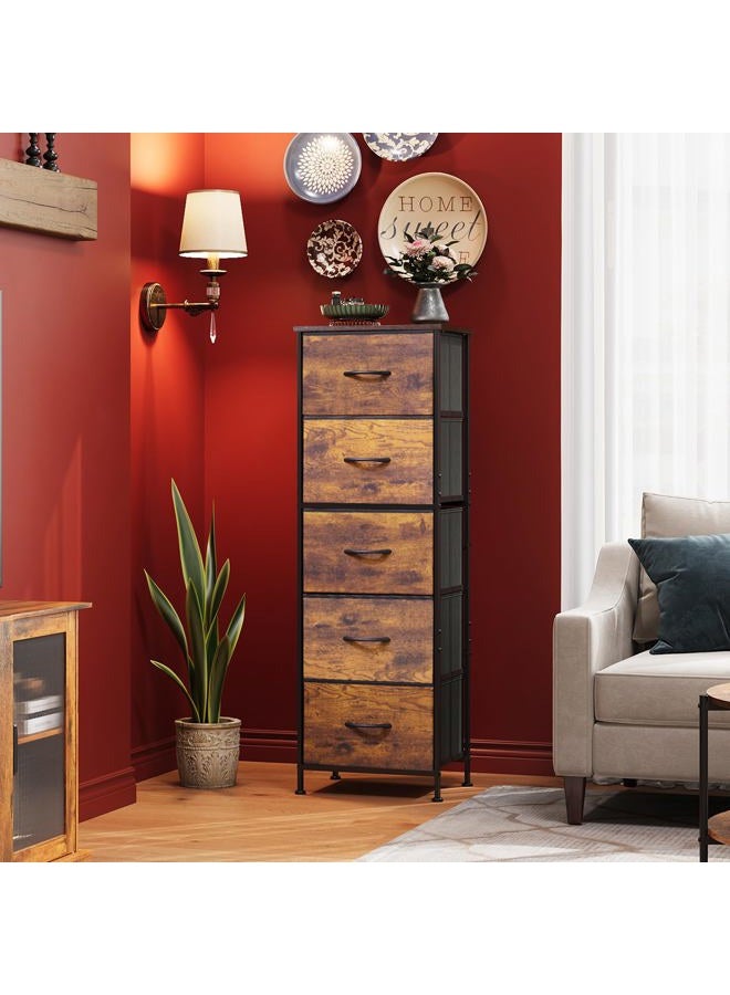 Wlive Fabric Dresser for Bedroom, 5-Drawer Tall Dressers, Storage Organizer with Fabric Bins, Wood Top, Sturdy Steel Frame, Chest of Drawers for Closet, Hallway, Rustic Brown Wood Grain Print - Image 3