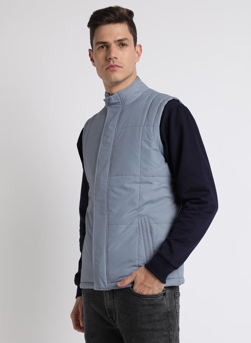 Dennis Lingo Heaven Blue Regular Fit Men's Solid Mock Neck Sleeveless Polyester Jacket with Zipper Closure  - Image 2
