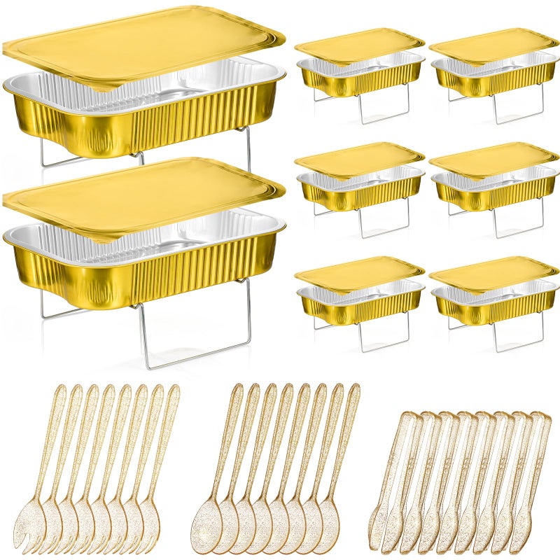 Maxcheck 8 Sets Disposable Chafing Dishes Buffet Set Chafer Wire Racks Buffet Stand Kit Dish Serving Trays Food Warmer Catering Supplies Included Serving Utensils and Stand Small