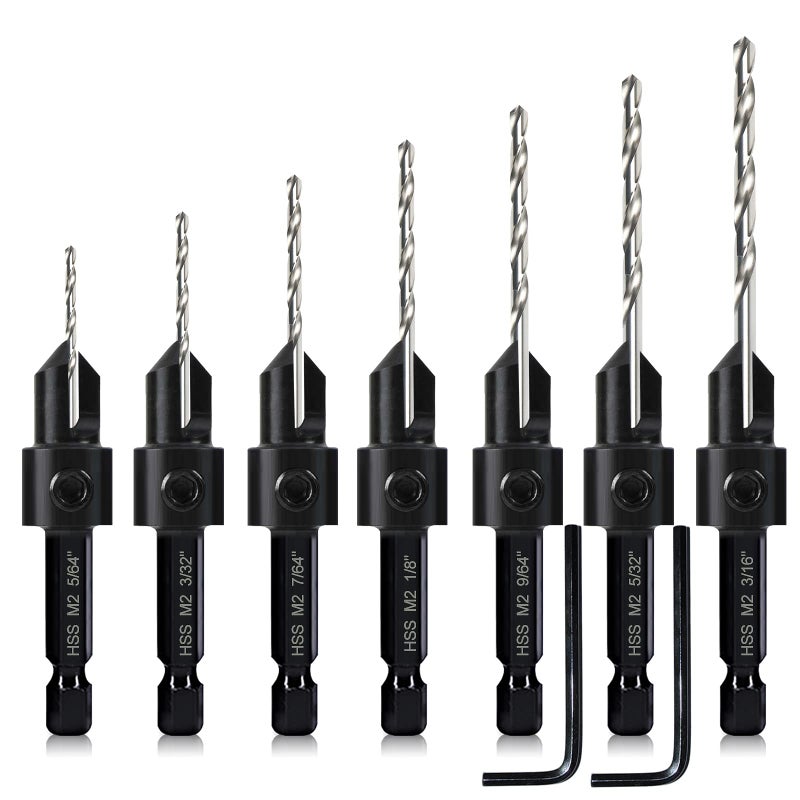 DKIBBITH 7 Pack Countersink Drill Bits Set, Wood Drill Countersink Counterbore 3in1, Three 82-Degree Chamfer Cutters, M2 Counterbore Cutting Depth Adjustable, with 2 Allen Wrenches and 1/4â€ Hex Shank - Image 2