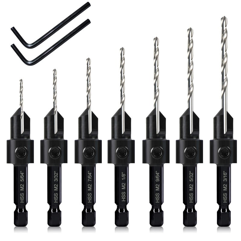 DKIBBITH 7 Pack Countersink Drill Bits Set, Wood Drill Countersink Counterbore 3in1, Three 82-Degree Chamfer Cutters, M2 Counterbore Cutting Depth Adjustable, with 2 Allen Wrenches and 1/4â€ Hex Shank - Image 1