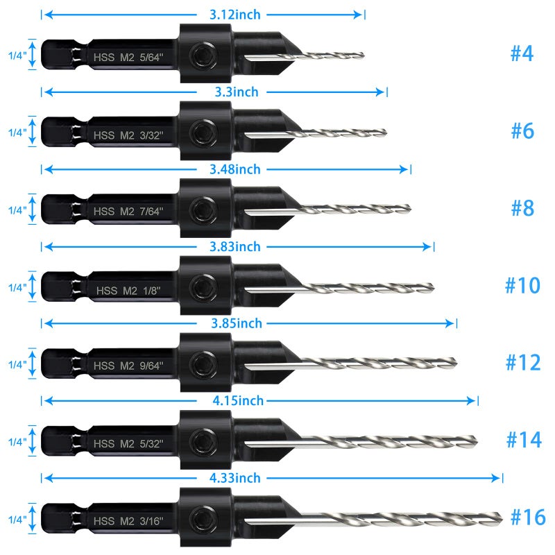 DKIBBITH 7 Pack Countersink Drill Bits Set, Wood Drill Countersink Counterbore 3in1, Three 82-Degree Chamfer Cutters, M2 Counterbore Cutting Depth Adjustable, with 2 Allen Wrenches and 1/4â€ Hex Shank - Image 3