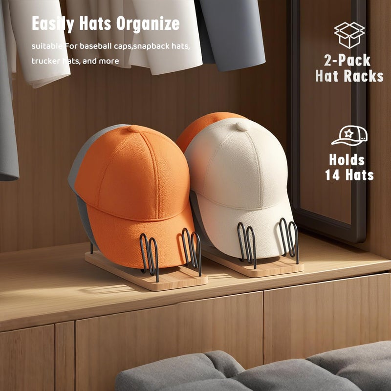 UdoUto Hat Organizer for Baseball Caps-2 PacK | Wood & Metal Hat Rack Holds 14 for Baseball Caps | Space-Saving Closet Shelf Organizer for Bedroom, Dresser, Entryway - Image 2