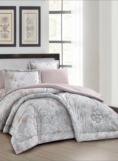 Donetella Comforter Set 6-Pcs King Size Printed Reversible Double Bed FIt 200 x 200 CM All Season Comforter With (350 GSM) Down Alternative Filling, Mountain Mist