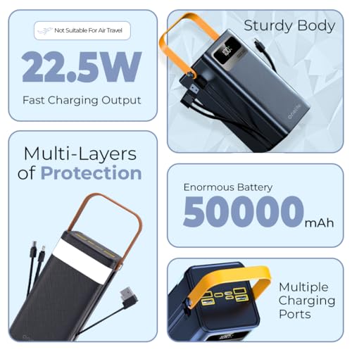 ONE LIFE Onelife 50000mAh Power Bank with 22.5W Fast Charging, 7 Outputs, Built-in Cables, LED Light, Digital Display – Not for Air Travel - Image 3