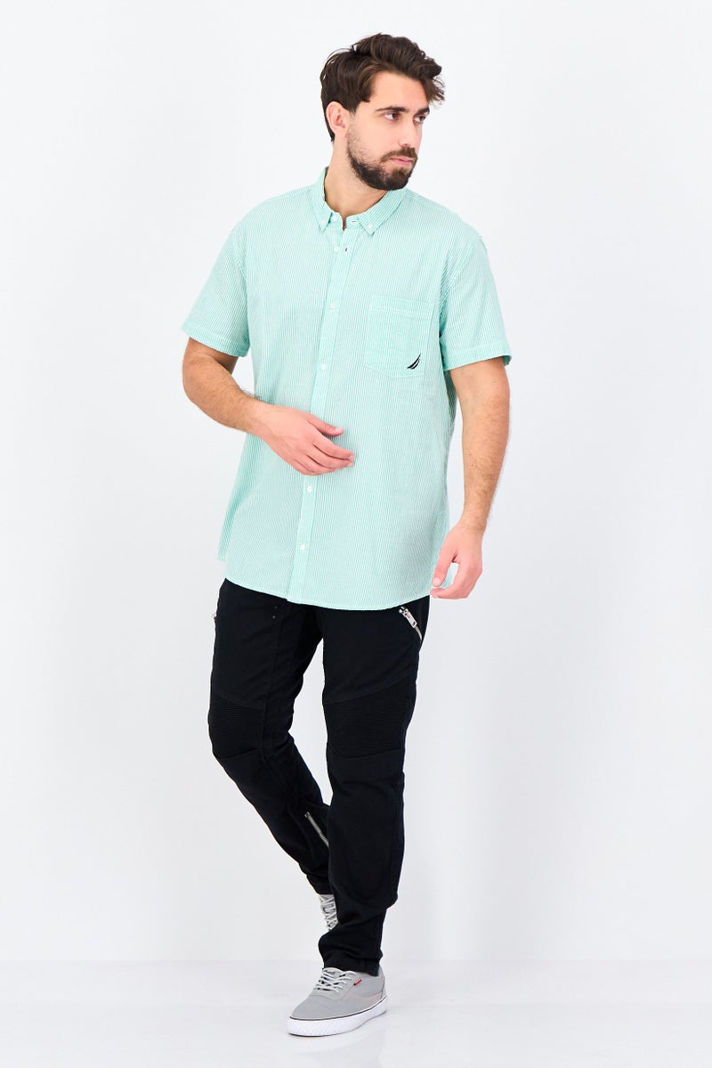 NAUTICA Men Classisc Fit Stripe Short Sleeve Casual Shirt, Mint Green - Image 3