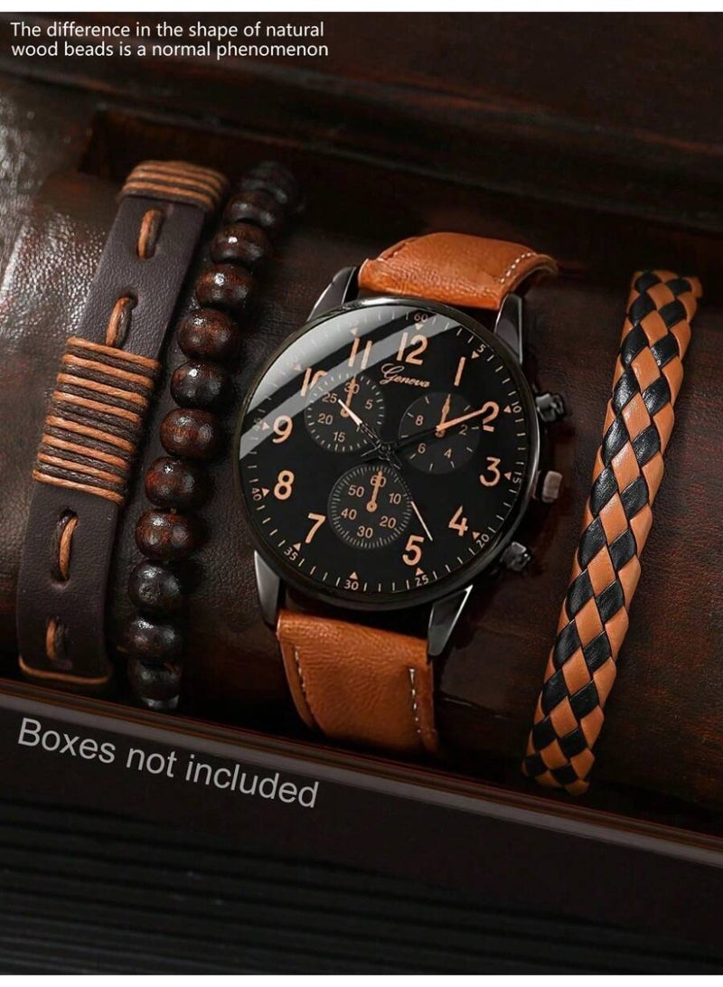 Geneva Men's Watch Set, Casual Sporty Fashion Industrial Style with 3 Punk Style Men's Leather Bracelets, PU Woven Bracelet Set for Occasions and Holidays Great Gift - Image 1