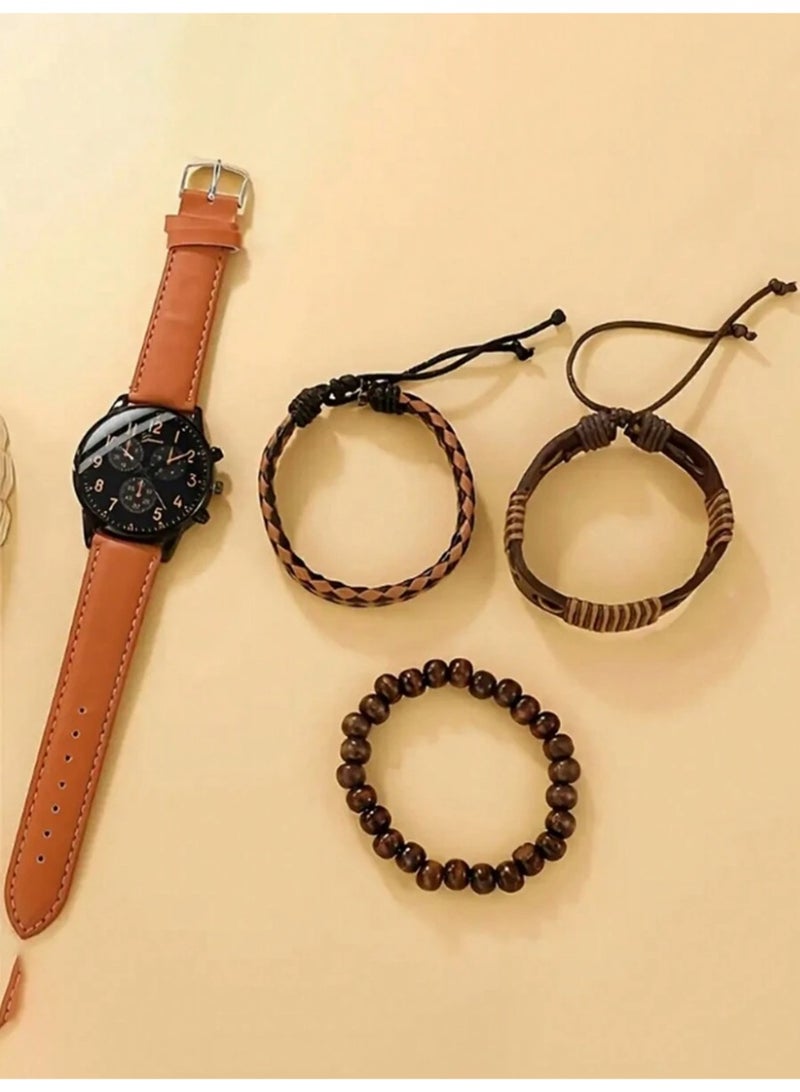 Geneva Men's Watch Set, Casual Sporty Fashion Industrial Style with 3 Punk Style Men's Leather Bracelets, PU Woven Bracelet Set for Occasions and Holidays Great Gift - Image 2