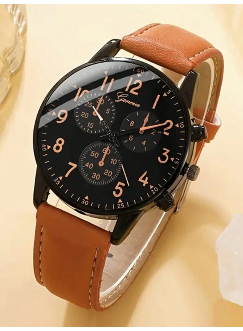 Geneva Men's Watch Set, Casual Sporty Fashion Industrial Style with 3 Punk Style Men's Leather Bracelets, PU Woven Bracelet Set for Occasions and Holidays Great Gift - Image 3