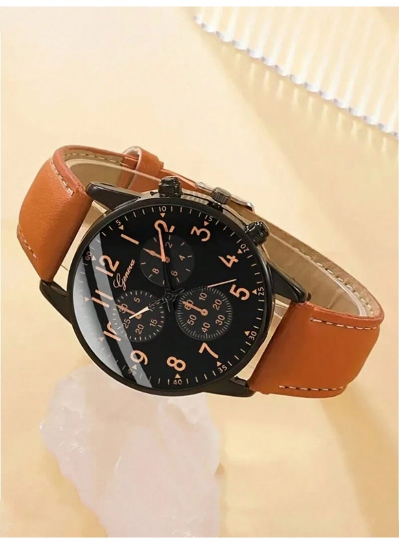 Geneva Men's Watch Set, Casual Sporty Fashion Industrial Style with 3 Punk Style Men's Leather Bracelets, PU Woven Bracelet Set for Occasions and Holidays Great Gift - Image 4
