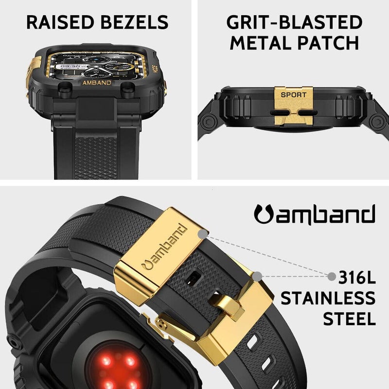 amBand أشرطة amBand متوافقة مع ساعة آبل 9/8/7 41 مم، غلاف رياضي M1 المتين مع حزام TPU غلاف واقي عسكري قوي لحماية iWatch SE3/SE2/6/SE/5/4/3/2 40 مم 38 مم للرجال باللون الأسود والذهبي - Image 2