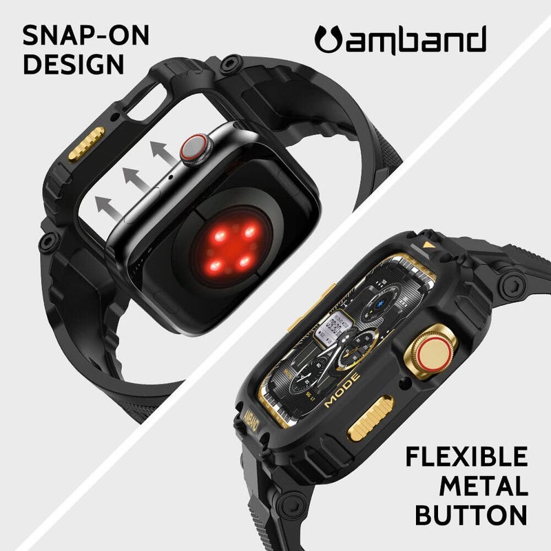 amBand أشرطة amBand متوافقة مع ساعة آبل 9/8/7 41 مم، غلاف رياضي M1 المتين مع حزام TPU غلاف واقي عسكري قوي لحماية iWatch SE3/SE2/6/SE/5/4/3/2 40 مم 38 مم للرجال باللون الأسود والذهبي - Image 5
