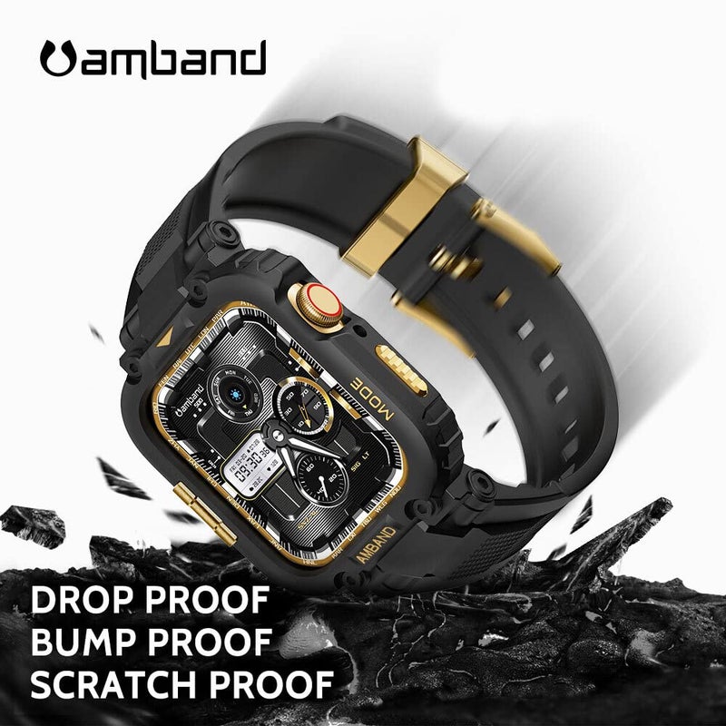 amBand أشرطة amBand متوافقة مع ساعة آبل 9/8/7 41 مم، غلاف رياضي M1 المتين مع حزام TPU غلاف واقي عسكري قوي لحماية iWatch SE3/SE2/6/SE/5/4/3/2 40 مم 38 مم للرجال باللون الأسود والذهبي - Image 3