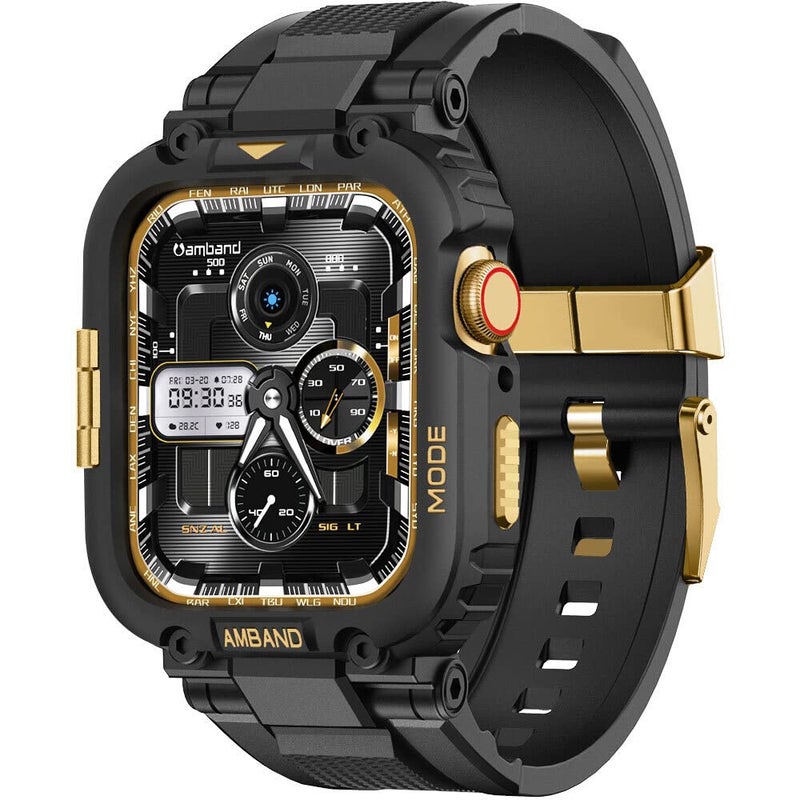 amBand أشرطة amBand متوافقة مع ساعة آبل 9/8/7 41 مم، غلاف رياضي M1 المتين مع حزام TPU غلاف واقي عسكري قوي لحماية iWatch SE3/SE2/6/SE/5/4/3/2 40 مم 38 مم للرجال باللون الأسود والذهبي - Image 1
