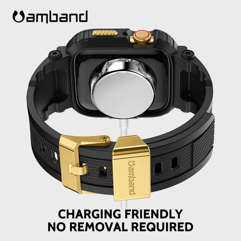 amBand أشرطة amBand متوافقة مع ساعة آبل 9/8/7 41 مم، غلاف رياضي M1 المتين مع حزام TPU غلاف واقي عسكري قوي لحماية iWatch SE3/SE2/6/SE/5/4/3/2 40 مم 38 مم للرجال باللون الأسود والذهبي - Image 4