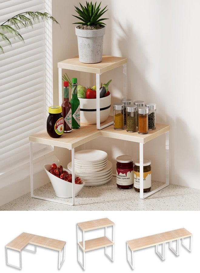 Golener Countertop Organizer Corner Shelf, 2 Tier Adjustable Stackable Corner Shelves for Kitchen, Bathroom, Spice Rack, Coffee Bar, Cabinet, Dresser Table, Corner Counter Shelf Stand, Natural Beige - Image 1