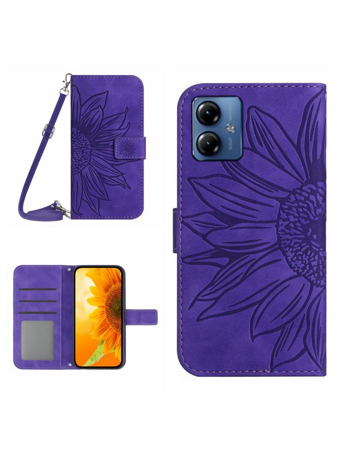 اس-توب جراب لهاتف Motorola Moto G14 HT04 مصنوع من الجلد المرن المنقوش بنقشة زهرة الشمس مع حبل تعليق - Image 1