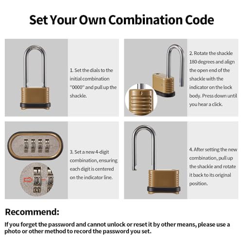 CINCINNO 4 Digit Combination Lock, Heavy Duty Combo Padlock with Long Shackle for Outdoor Use,Sheds, Locker, Storage Unit, Gym and Gate - Image 4