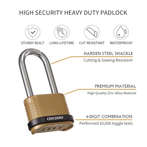 CINCINNO 4 Digit Combination Lock, Heavy Duty Combo Padlock with Long Shackle for Outdoor Use,Sheds, Locker, Storage Unit, Gym and Gate - Image 3