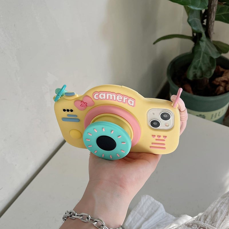 QoKcoahn Case for iPhone 13/14,Funny 3D Cartoon Retro Camera Phone Case with Bracket &Wristband Cute Kawaii Phone Cases Soft Silicone Shockproof Protector Women Girls for iPhone 13/14 - Image 5