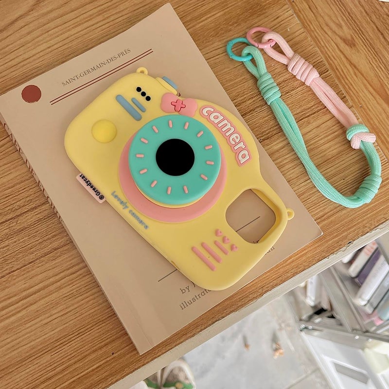 QoKcoahn Case for iPhone 13/14,Funny 3D Cartoon Retro Camera Phone Case with Bracket &Wristband Cute Kawaii Phone Cases Soft Silicone Shockproof Protector Women Girls for iPhone 13/14 - Image 3