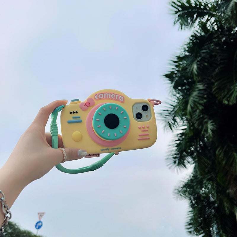 QoKcoahn Case for iPhone 13/14,Funny 3D Cartoon Retro Camera Phone Case with Bracket &Wristband Cute Kawaii Phone Cases Soft Silicone Shockproof Protector Women Girls for iPhone 13/14 - Image 2