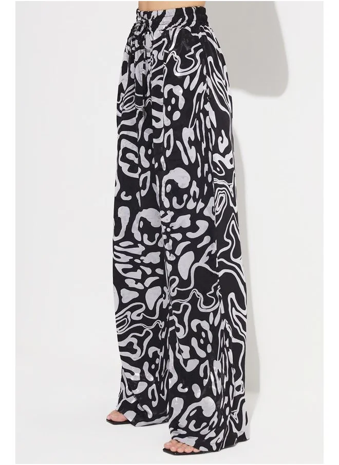 JUNE June Exclusive Rayon Blend Wide Leg Patterned Elastic Waist Trouser Black