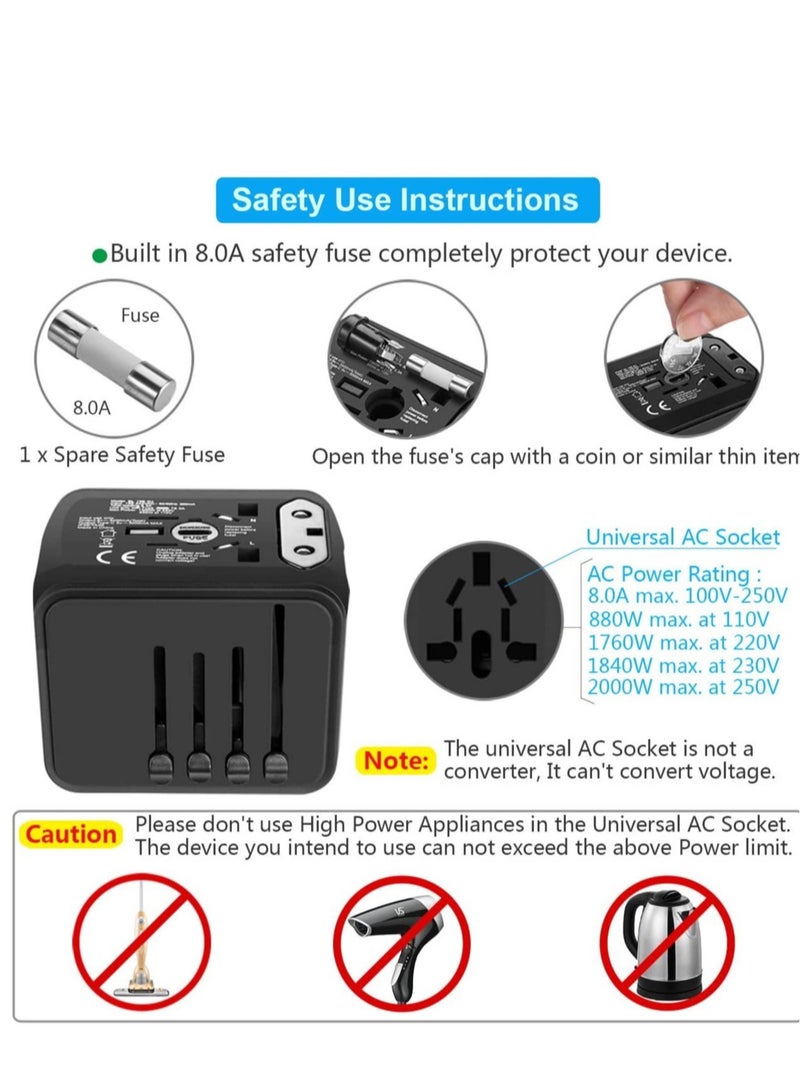 Universal International Travel Power Adapter W/High Speed 2.4A USB, 3.0A Type-C Wall Charger, European Adapter, Worldwide AC Outlet Plugs Adapters for Europe, UK, US, AU, Asia-Black - Image 4