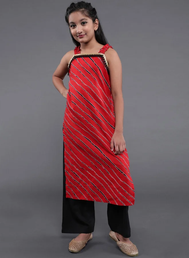 أيه كيه إس Red Leheriya Printed Kurta Set for Girls