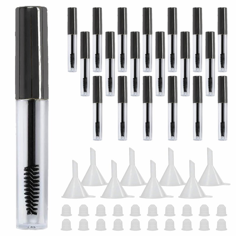 Comicfs 20 Pcs 4ml Transparent Reusable Empty Bottle Tube Container Makeup Vials Cosmetic Tool for Eyelash Growth Oil/Mascara with Rubber Inserts 8 Pcs Funnels (Black) - Image 1