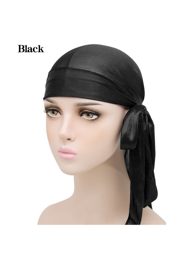 Black Men'S And Women'S Silk Satin Pirate Hat Long Tail Decorative Headscarf Elastic Beanie Wave Headscarf - Image 1