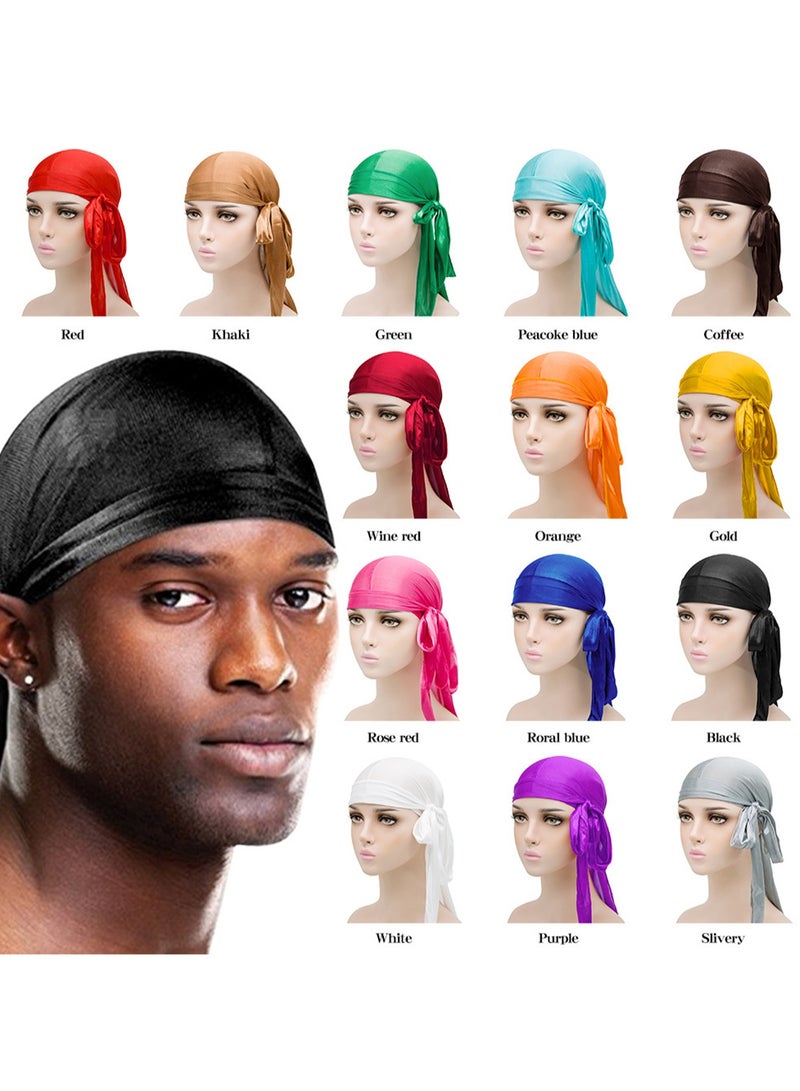 Black Men'S And Women'S Silk Satin Pirate Hat Long Tail Decorative Headscarf Elastic Beanie Wave Headscarf - Image 2