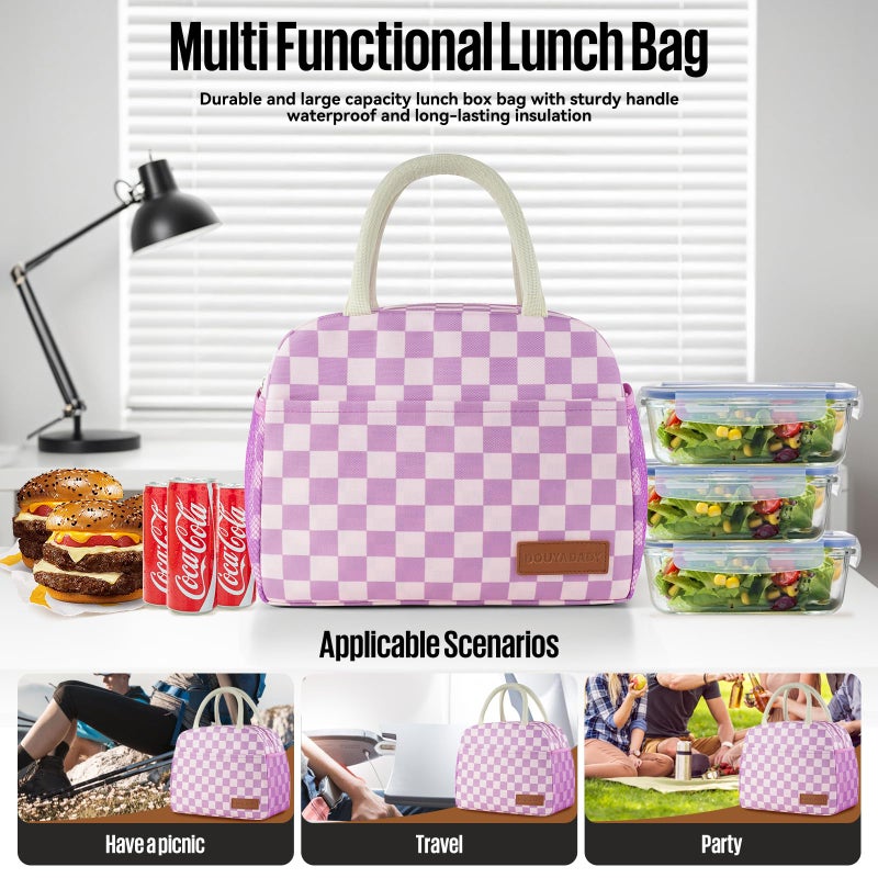 douyadady Lunch Bag Women/Men Lunch Box Women/Men (Purple+Pink Checkerboard) - Image 3