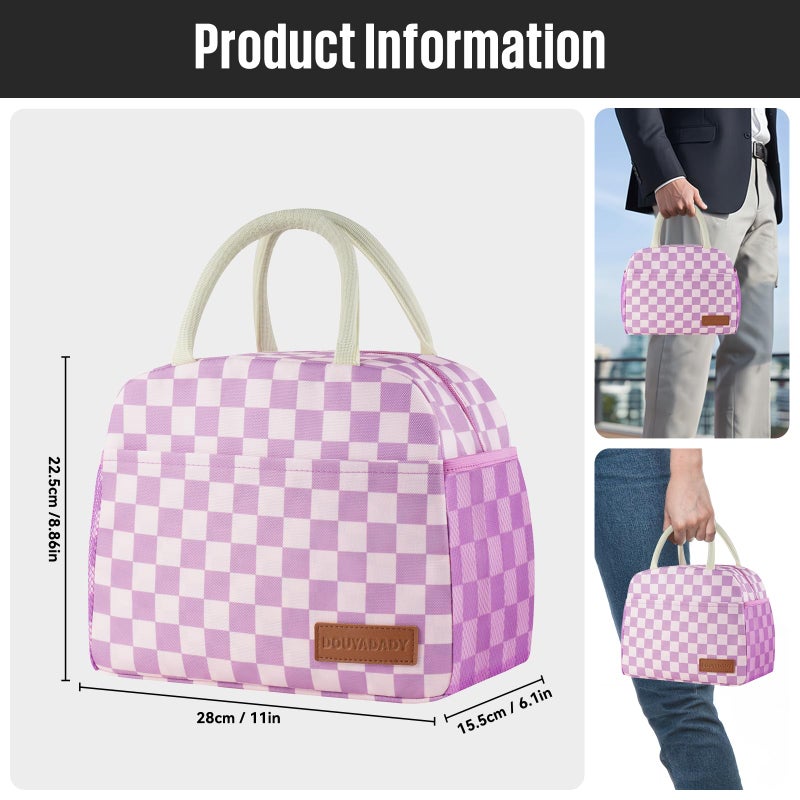 douyadady Lunch Bag Women/Men Lunch Box Women/Men (Purple+Pink Checkerboard) - Image 2