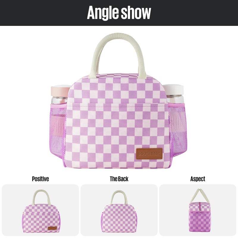 douyadady Lunch Bag Women/Men Lunch Box Women/Men (Purple+Pink Checkerboard) - Image 5
