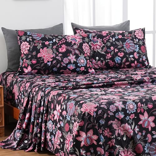MEISHANG King Sheet Set - Ultra Soft Floral Sheets Brushed Microfiber,1800 Thread Count Floral Bed Sheets Oeko-Tex Certificated - Black Yellow - Image 1
