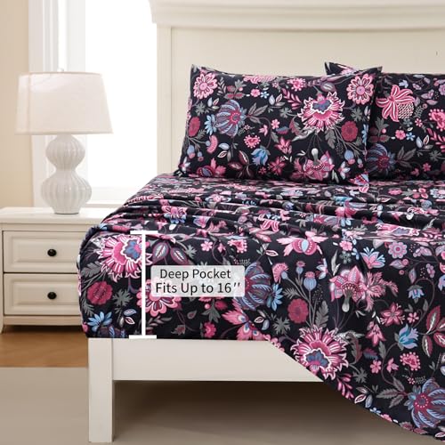 MEISHANG King Sheet Set - Ultra Soft Floral Sheets Brushed Microfiber,1800 Thread Count Floral Bed Sheets Oeko-Tex Certificated - Black Yellow - Image 2