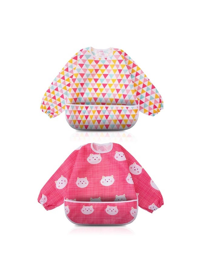 Little Dimsum Full Sleeved Feeding Bib 2 Pack,Baby & Toddler Waterproof Bib Apron,Food Protection Large Pocket Eating Smock 6-36 Months(Pink/Red) - Image 1