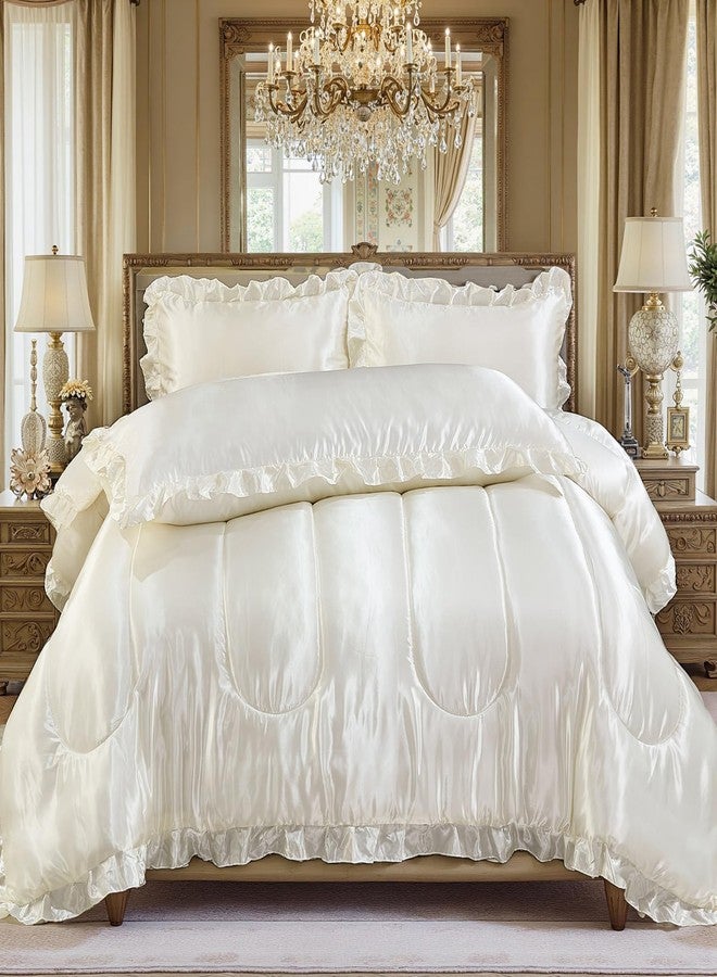 Bedding_Dreamer طقم سرير فاخر مكون من 4 قطع من البوليستر الناعم بلون أبيض، مصنوع من الساتان الفاخر، يشبه الحرير، مع غطاء وسادة للجسم مزين بكشكشة، مناسب للفنادق. - Image 3